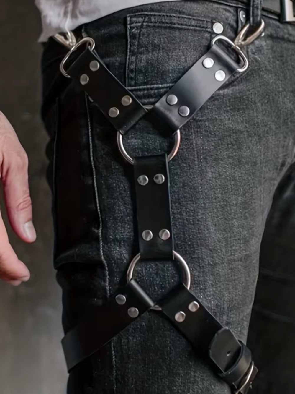 Men's Black Vegan Leather Leg Harness Strap - Unbranded